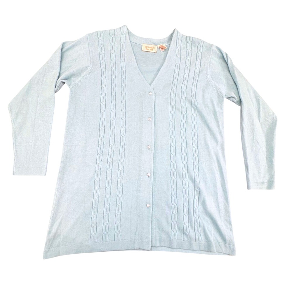 Victorias Secret Vintage 90's Cardigan Sweater Light Blue Petite Cable Knit Sz M